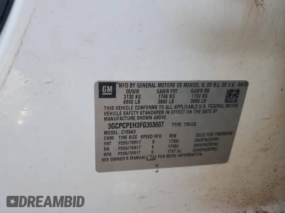 2015 Chevrolet Silverado 1500 Work Truck с VIN 3GCPCPEH3FG353687, выставлен на аукционе Copart как лот 45452475 с пробегом 178 832 миль миль и Списание • Salvage title. История ставок и продаж доступна на DreamBid. Изображение 12.
