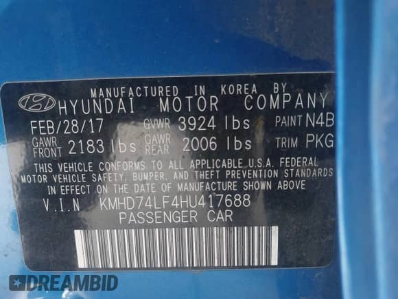 2017 Hyundai Elantra SE with VIN KMHD74LF4HU417688, listed as a IAAI auction lot 43257085 with 126,994 mi miles and . Bid and sale history available at DreamBid. Image 9.