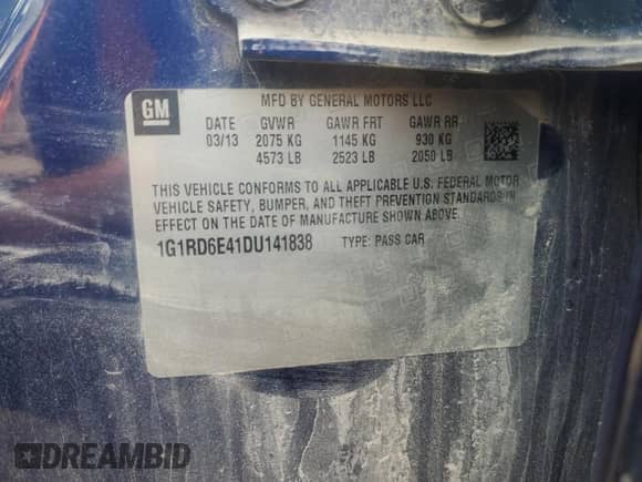 2013 Chevrolet Volt with VIN 1G1RD6E41DU141838, listed as a Copart auction lot 68673155 with 160,000 mi miles and Salvage title. Bid and sale history available at DreamBid. Image 12.