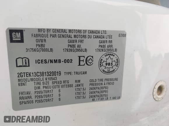 2008 GMC Sierra 1500 SL with VIN 2GTEK13C381320019, listed as a IAAI auction lot 41606093 with 211,189 mi miles and . Bid and sale history available at DreamBid. Image 9.