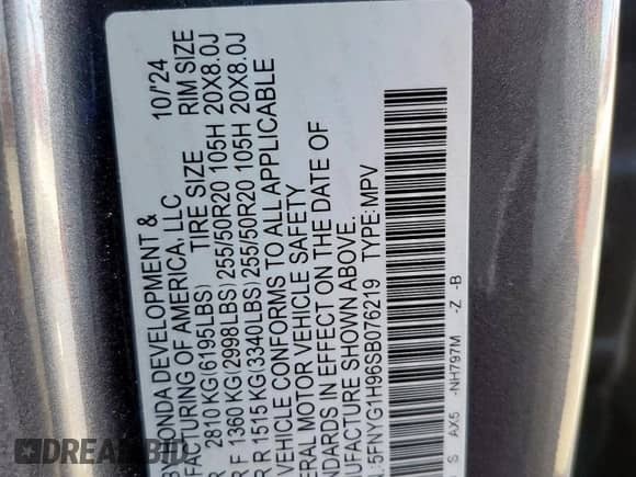 2025 Honda Pilot Black Edition с VIN 5FNYG1H96SB076219, выставлен на аукционе Copart как лот 69120205 с пробегом 15 133 миль миль и Списание • Salvage title. История ставок и продаж доступна на DreamBid. Изображение 14.