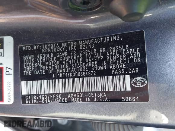 2013 Toyota Camry L with VIN 4T1BF1FK3DU664972, listed as a IAAI auction lot 43283606 with 209,014 mi miles and . Bid and sale history available at DreamBid. Image 9.