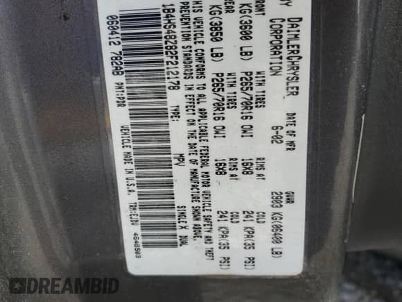 2002 Dodge Durango SLT with VIN 1B4HS48Z82F212178, listed as a Copart auction lot 71692045 with 243,065 mi miles and Salvage title. Bid and sale history available at DreamBid. Image 13.