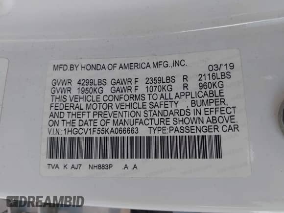 2019 Honda Accord EX-L с VIN 1HGCV1F55KA066663, выставлен на аукционе IAAI как лот 42976598 с пробегом 59 480 миль миль и . История ставок и продаж доступна на DreamBid. Изображение 9.