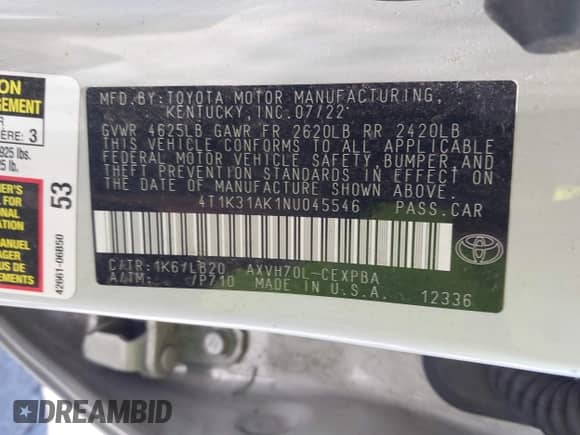 2022 Toyota Camry Hybrid XSE с VIN 4T1K31AK1NU045546, выставлен на аукционе IAAI как лот 42832566 с пробегом 61 150 миль миль и . История ставок и продаж доступна на DreamBid. Изображение 9.