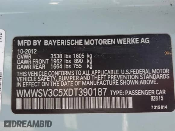 2013 MINI Hardtop S with VIN WMWSV3C5XDT390187, listed as a Copart auction lot 62964065 with 114,094 mi miles and Clean title. Bid and sale history available at DreamBid. Image 12.