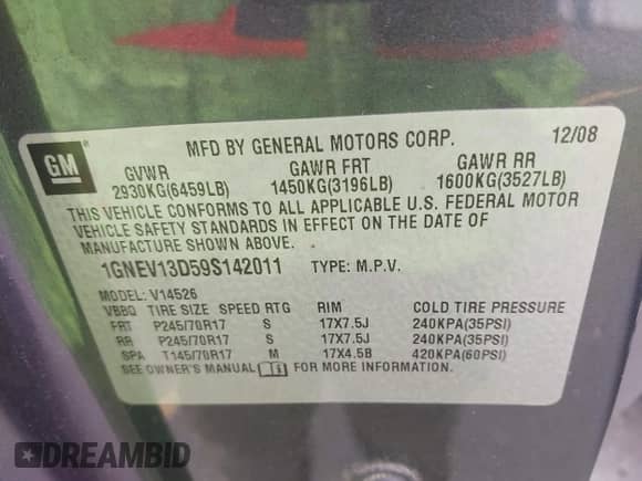 2009 Chevrolet Traverse LS z VIN 1GNEV13D59S142011, wystawiony jako IAAI lot #42514632 z przebiegiem 163 103 mil mil oraz . Historia ofert i sprzedaży dostępna na DreamBid. Obrazek 9.