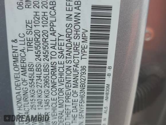 2022 Honda Pilot Touring 7-Passenger with VIN 5FNYF5H63NB027936, listed as a Copart auction lot 68381775 with 62,313 mi miles and Salvage title. Bid and sale history available at DreamBid. Image 13.
