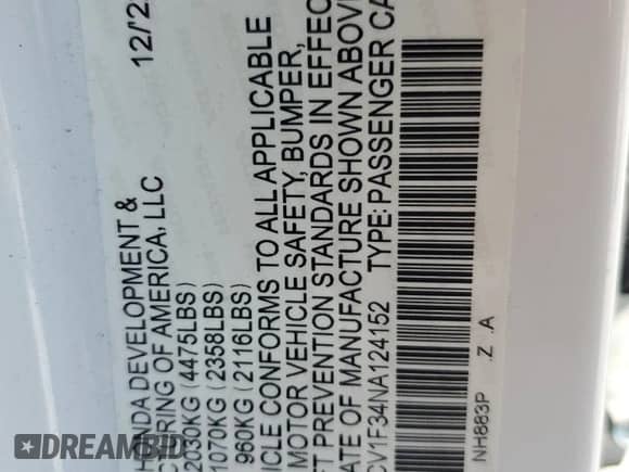 2022 Honda Accord Sport z VIN 1HGCV1F34NA124152, wystawiony jako Copart lot #65320615 z przebiegiem 42 788 mil mil oraz Szkoda całkowita • Salvage title. Historia ofert i sprzedaży dostępna na DreamBid. Obrazek 13.