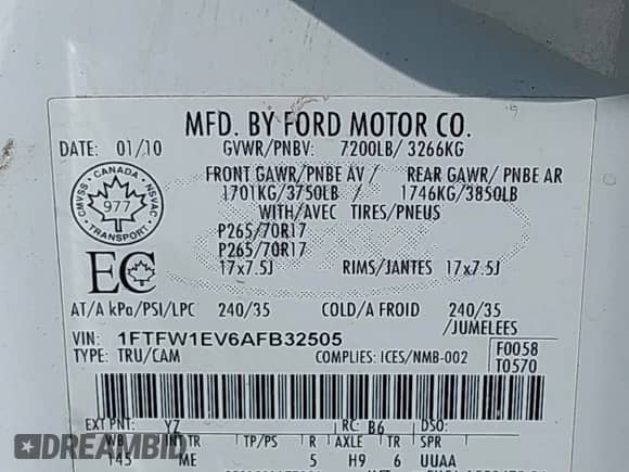 2010 Ford F-150 XL с VIN 1FTFW1EV6AFB32505, выставлен на аукционе IAAI как лот 42822503 с пробегом 172 428 миль миль и . История ставок и продаж доступна на DreamBid. Изображение 9.