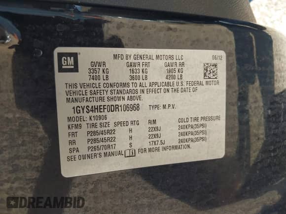 2013 Cadillac Escalade ESV Luxury с VIN 1GYS4HEF0DR106968, выставлен на аукционе IAAI как лот 42965154 с пробегом 165 276 миль миль и . История ставок и продаж доступна на DreamBid. Изображение 9.