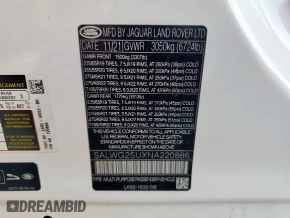 2022 Land Rover Range Rover Sport SE z VIN SALWG2SUXNA220886, wystawiony jako Copart lot #70360965 z przebiegiem 62 533 mil mil oraz Szkoda całkowita • Salvage title. Historia ofert i sprzedaży dostępna na DreamBid. Obrazek 14.