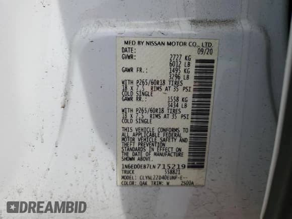 2020 Nissan Frontier SV with VIN 1N6ED0EB7LN715219, listed as a Copart auction lot 80153665 with 49,674 mi miles and Salvage title. Bid and sale history available at DreamBid. Image 13.