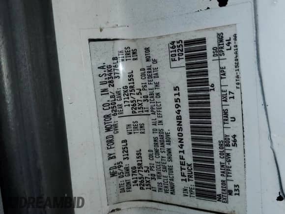 1995 Ford F-150 with VIN 1FTEF14N0SNB49515, listed as a Copart auction lot 50218605 with 113,242 mi miles and Salvage title. Bid and sale history available at DreamBid. Image 12.