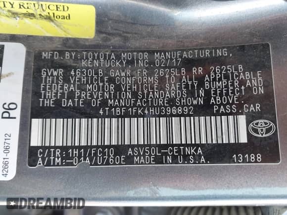 2017 Toyota Camry XLE с VIN 4T1BF1FK4HU396892, выставлен на аукционе IAAI как лот 42361206 с пробегом 168 436 миль миль и . История ставок и продаж доступна на DreamBid. Изображение 9.