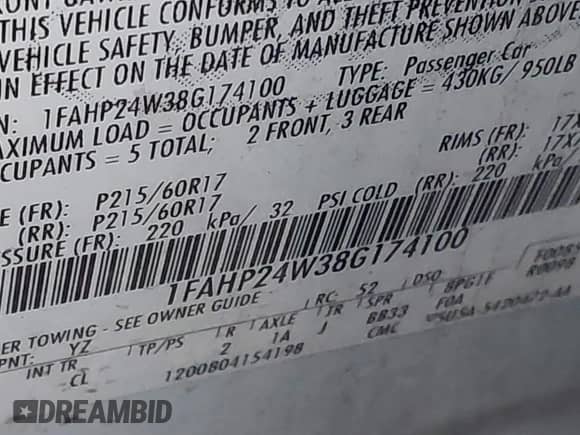 2008 Ford Taurus SEL with VIN 1FAHP24W38G174100, listed as a IAAI auction lot 43305076 with 268,976 mi miles and . Bid and sale history available at DreamBid. Image 9.