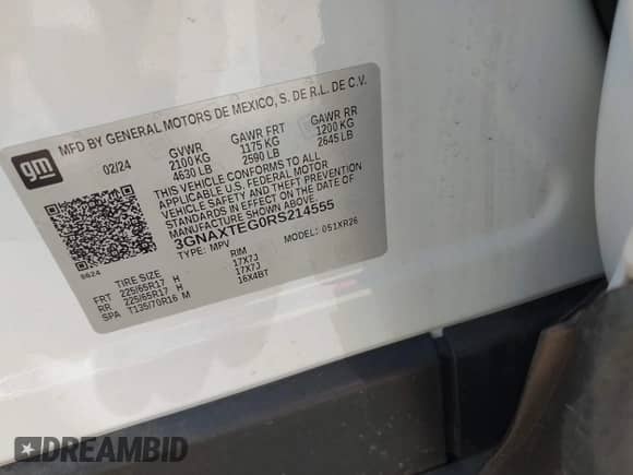 2024 Chevrolet Equinox LT с VIN 3GNAXTEG0RS214555, выставлен на аукционе IAAI как лот 42912606 с пробегом 39 589 миль миль и . История ставок и продаж доступна на DreamBid. Изображение 9.