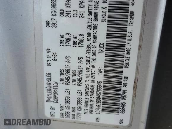 2004 Dodge 1500 SLT with VIN 1D7HA18D04S766646, listed as a Copart auction lot 84986015 with Not provided miles and Salvage title. Bid and sale history available at DreamBid. Image 12.