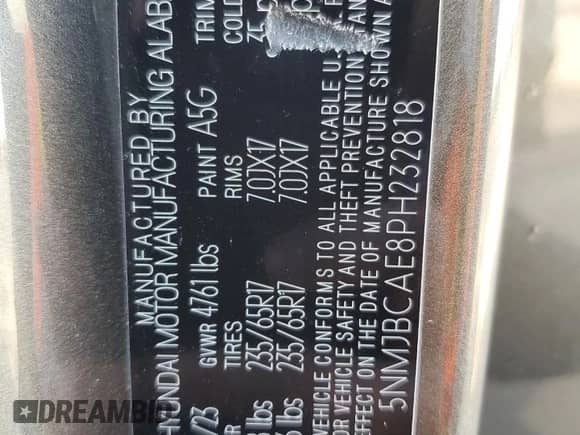 2023 Hyundai Tucson SEL with VIN 5NMJBCAE8PH232818, listed as a Copart auction lot 53865755 with 34,583 mi miles and Salvage title. Bid and sale history available at DreamBid. Image 13.