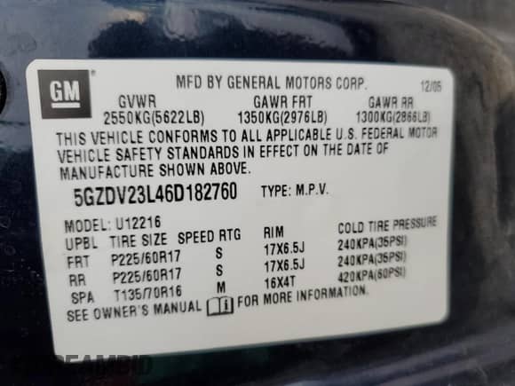2006 Saturn Relay 3 with VIN 5GZDV23L46D182760, listed as a Copart auction lot 70315394 with Not provided miles and Non repairable. Bid and sale history available at DreamBid. Image 13.