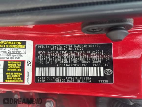 2023 Toyota Camry SE z VIN 4T1G11AK7PU120197, wystawiony jako Copart lot #87272985 z przebiegiem 55 574 mil mil oraz Szkoda całkowita • Salvage title. Historia ofert i sprzedaży dostępna na DreamBid. Obrazek 10.