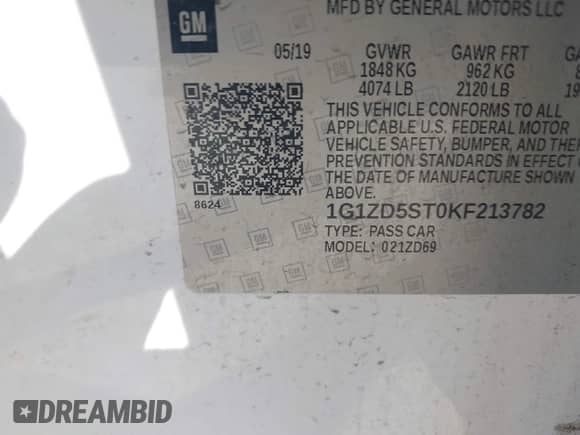 2019 Chevrolet Malibu LT with VIN 1G1ZD5ST0KF213782, listed as a IAAI auction lot 43385359 with 187,435 mi miles and . Bid and sale history available at DreamBid. Image 9.