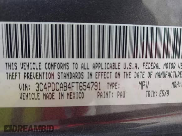 2015 Dodge Journey SE with VIN 3C4PDCAB4FT654791, listed as a IAAI auction lot 43061586 with 131,671 mi miles and . Bid and sale history available at DreamBid. Image 9.