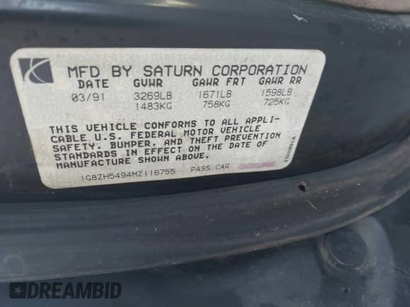 1991 Saturn SL с VIN 1G8ZH5494MZ116755, выставлен на аукционе IAAI как лот 43367004 с пробегом 100 178 миль миль и . История ставок и продаж доступна на DreamBid. Изображение 9.