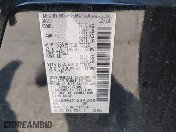 2015 Nissan Pathfinder S with VIN 5N1AR2MM1FC634309, listed as a IAAI auction lot 43470486 with 135,334 mi miles and . Bid and sale history available at DreamBid. Image 9.