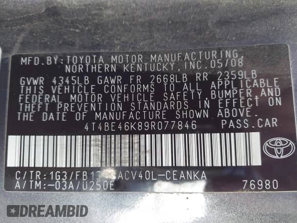 2009 Toyota Camry с VIN 4T4BE46K89R077846, выставлен на аукционе IAAI как лот 43389111 с пробегом 168 073 миль миль и . История ставок и продаж доступна на DreamBid. Изображение 9.