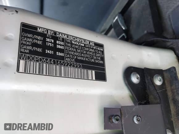 2006 Dodge Sprinter with VIN WD0PD644165922993, listed as a IAAI auction lot 42495277 with Not provided miles and . Bid and sale history available at DreamBid. Image 9.