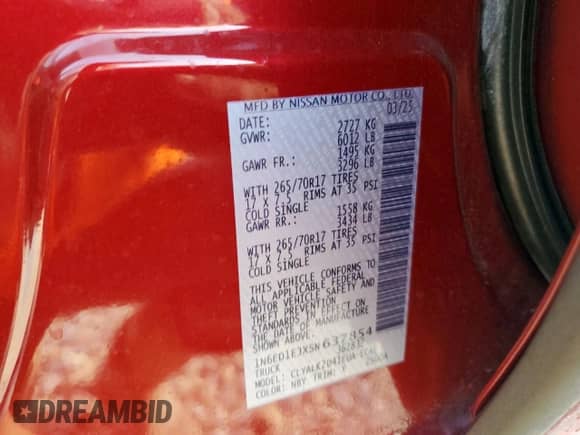 2025 Nissan Frontier Pro-X with VIN 1N6ED1EJXSN637854, listed as a Copart auction lot 65409335 with 2,410 mi miles and Salvage title. Bid and sale history available at DreamBid. Image 12.