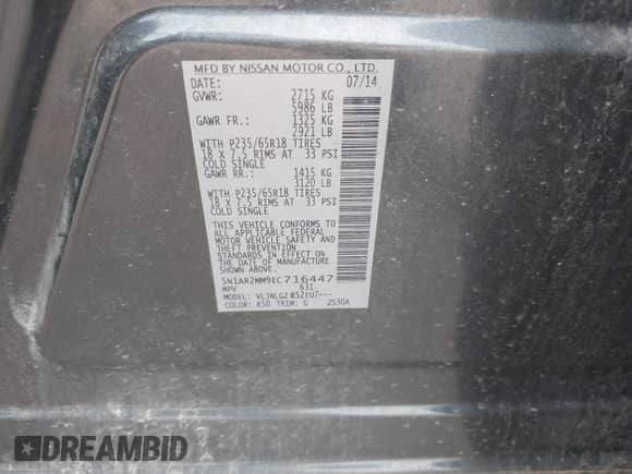 2014 Nissan Pathfinder S with VIN 5N1AR2MM9EC716447, listed as a IAAI auction lot 42395378 with 112,245 mi miles and . Bid and sale history available at DreamBid. Image 9.