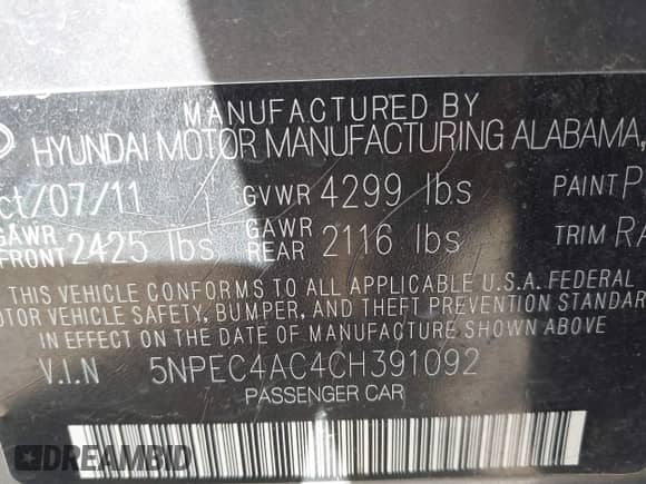 2012 Hyundai Sonata SE z VIN 5NPEC4AC4CH391092, wystawiony jako IAAI lot #43241155 z przebiegiem 137 266 mil mil oraz . Historia ofert i sprzedaży dostępna na DreamBid. Obrazek 9.