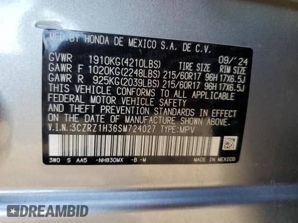 2025 Honda HR-V LX с VIN 3CZRZ1H36SM724027, выставлен на аукционе Copart как лот 71285695 с пробегом 3 139 миль миль и Списание • Salvage title. История ставок и продаж доступна на DreamBid. Изображение 13.