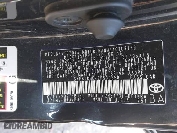 2016 Toyota Corolla L с VIN 5YFBURHE4GP530358, выставлен на аукционе IAAI как лот 43126711 с пробегом 122 726 миль миль и . История ставок и продаж доступна на DreamBid. Изображение 9.