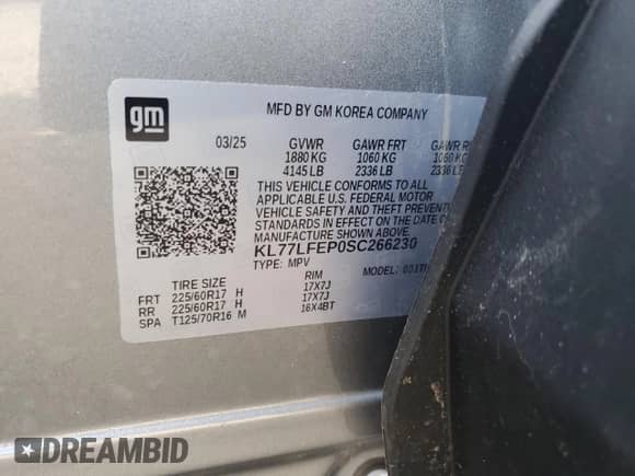 2025 Chevrolet Trax LS с VIN KL77LFEP0SC266230, выставлен на аукционе Copart как лот 66858605 с пробегом Не указан миль и Списание • Salvage title. История ставок и продаж доступна на DreamBid. Изображение 12.