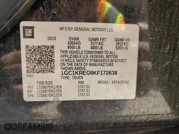 2019 Chevrolet Silverado 2500HD Work Truck z VIN 1GC1KREG6KF172638, wystawiony jako Copart lot #46732125 z przebiegiem 125 076 mil mil oraz Szkoda całkowita • Salvage title. Historia ofert i sprzedaży dostępna na DreamBid. Obrazek 13.