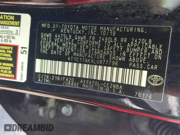 2020 Toyota Camry LE with VIN 4T1C11AKXLU877796, listed as a IAAI auction lot 43384594 with 78,546 mi miles and . Bid and sale history available at DreamBid. Image 9.