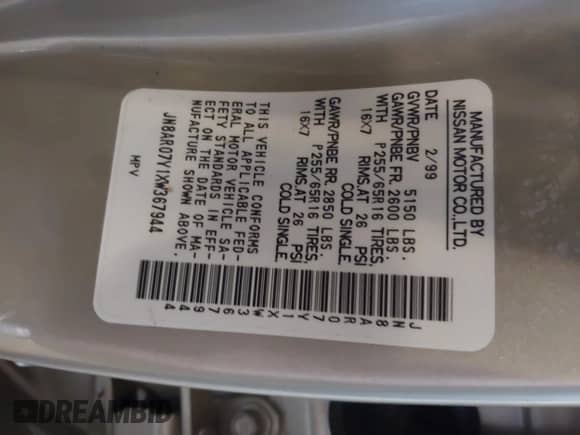 1999 Nissan Pathfinder XE z VIN JN8AR07Y1XW367944, wystawiony jako IAAI lot #42769053 z przebiegiem 124 874 mil mil oraz . Historia ofert i sprzedaży dostępna na DreamBid. Obrazek 9.