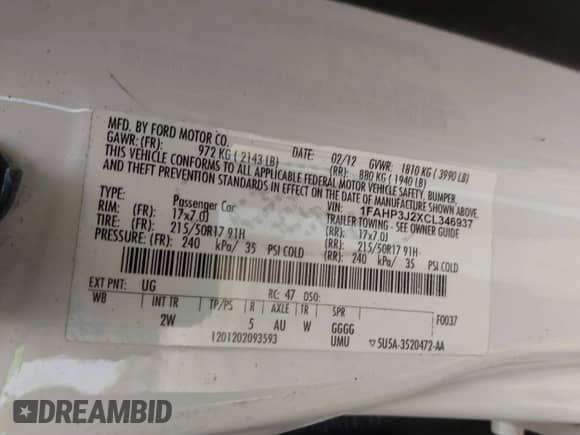 2012 Ford Focus Titanium with VIN 1FAHP3J2XCL346937, listed as a IAAI auction lot 42857040 with 170,544 mi miles and . Bid and sale history available at DreamBid. Image 9.