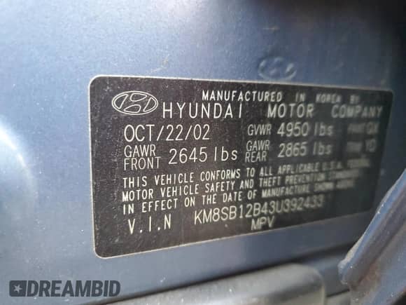 2003 Hyundai Santa Fe z VIN KM8SB12B43U392433, wystawiony jako Copart lot #86376144 z przebiegiem 231 989 mil mil oraz Szkoda całkowita • Salvage title. Historia ofert i sprzedaży dostępna na DreamBid. Obrazek 13.