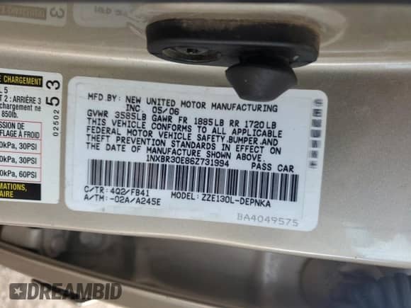 2006 Toyota Corolla LE with VIN 1NXBR30E86Z731994, listed as a Copart auction lot 85279725 with 95,431 mi miles and Salvage title. Bid and sale history available at DreamBid. Image 12.