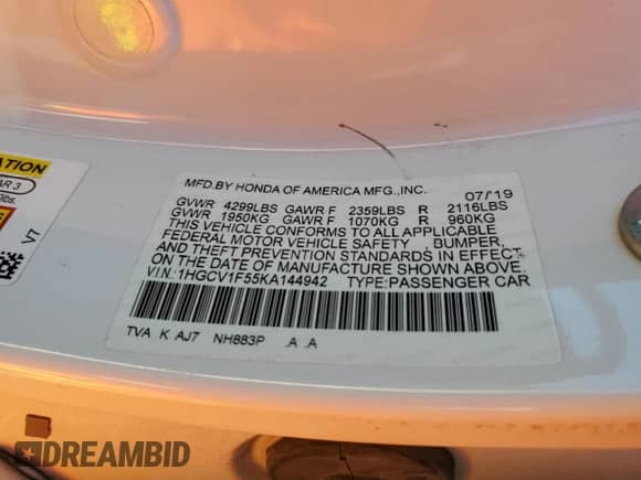 2019 Honda Accord EX-L с VIN 1HGCV1F55KA144942, выставлен на аукционе Copart как лот 86603285 с пробегом 126 740 миль миль и Списание • Salvage title. История ставок и продаж доступна на DreamBid. Изображение 12.