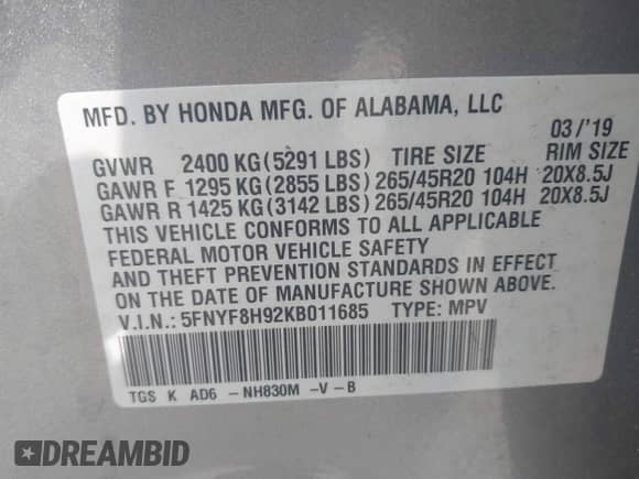 2019 Honda Passport Touring with VIN 5FNYF8H92KB011685, listed as a IAAI auction lot 43117835 with Not provided miles and . Bid and sale history available at DreamBid. Image 9.