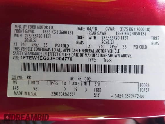 2018 Ford F-150 XL z VIN 1FTEW1EG2JFD04770, wystawiony jako IAAI lot #43017519 z przebiegiem 140 226 mil mil oraz . Historia ofert i sprzedaży dostępna na DreamBid. Obrazek 9.