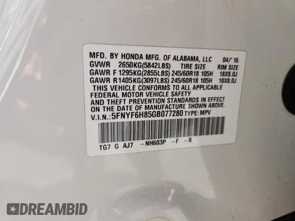 2016 Honda Pilot EX-L with VIN 5FNYF6H85GB077280, listed as a Copart auction lot 82600615 with 192,110 mi miles and Clean title. Bid and sale history available at DreamBid. Image 13.