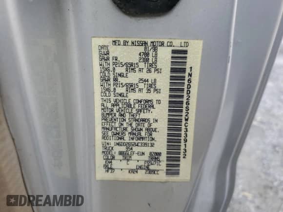 1998 Nissan Frontier XE with VIN 1N6DD26S2WC339132, listed as a Copart auction lot 84616235 with 174,391 mi miles and Clean title. Bid and sale history available at DreamBid. Image 12.