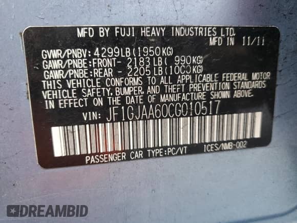 2012 Subaru Impreza 2.0i с VIN JF1GJAA60CG010517, выставлен на аукционе Copart как лот 50101865 с пробегом 220 884 миль миль и Списание • Salvage title. История ставок и продаж доступна на DreamBid. Изображение 14.