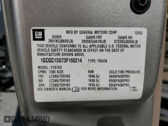 2003 Chevrolet Silverado 1500HD LS z VIN 1GCGC13U73F168214, wystawiony jako Copart lot #48355365 z przebiegiem Nie podano mil oraz Szkoda całkowita • Salvage title. Historia ofert i sprzedaży dostępna na DreamBid. Obrazek 14.